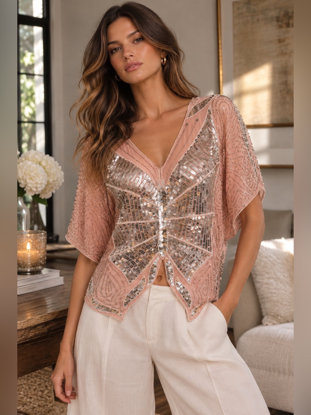 Vintage Shomax Pure Silk Beaded Sequin Blouse One Size